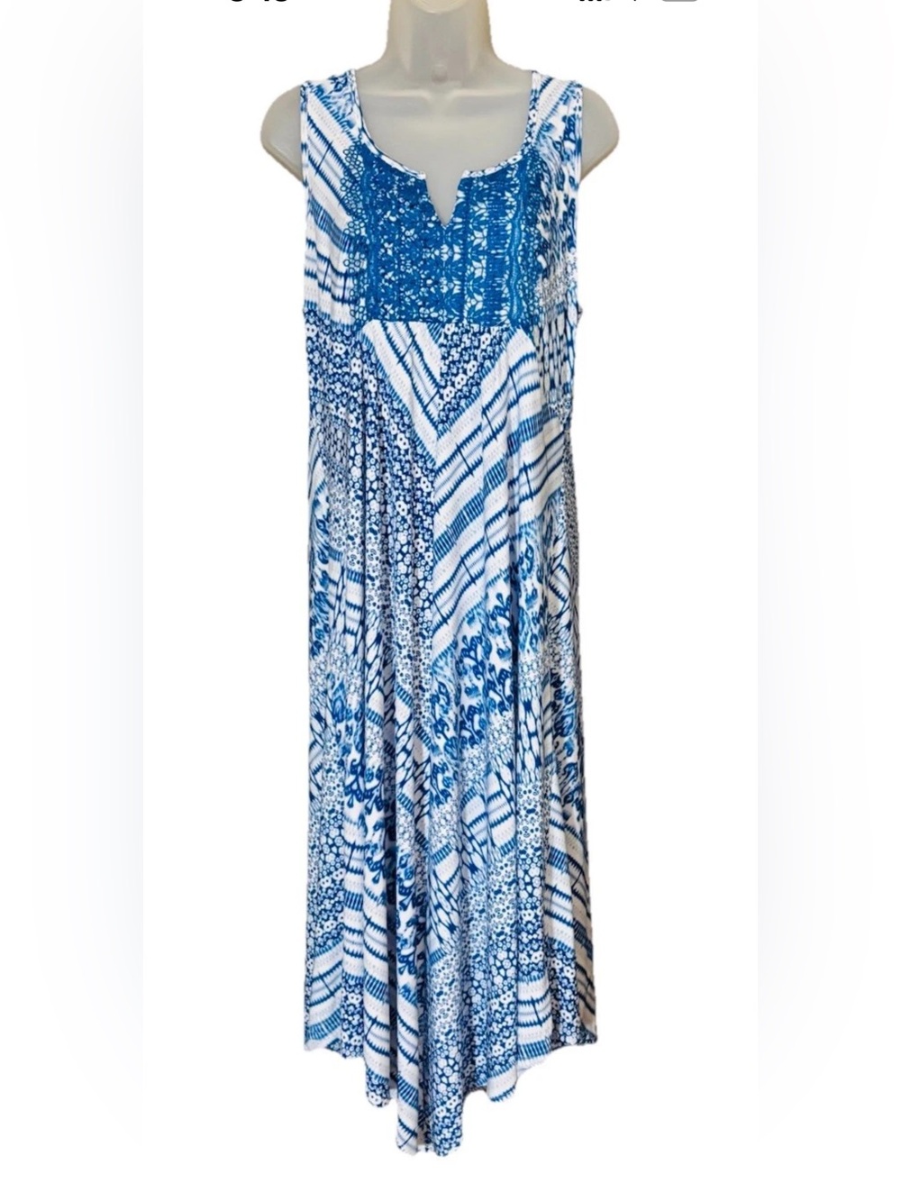 One World Blue Boho Beach Floral Lace Detail Sleeveless Midi Dress Size PXL
